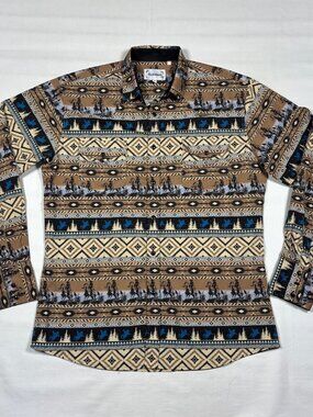 Ace of Diamond Western Shirt Mens Medium M Pearl Snap Aztec Southwestern Cowboy